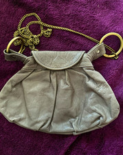 Leonnie Satilla Grey Leather Pleated Shoulder Bag Gold Chain Strap Small