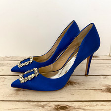 Badgley Mischka Blue Satin Pointed Toe Stiletto Crystal Buckle Pumps 9.5M