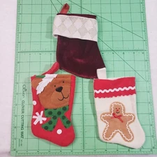 3 MINI Christmas STOCKINGS Felt Gingerbread Man & Bear  Red Velvet For Gift Card