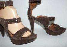 No 704b VERONICA Brown Suede Ankle Strap Stilettos~Leather Whipstitch 38.5