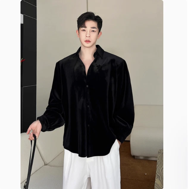 Camisa masculina juvenil coreana moda veludo gola redonda manga comprida palco 3502 - Imagem 3 de 4