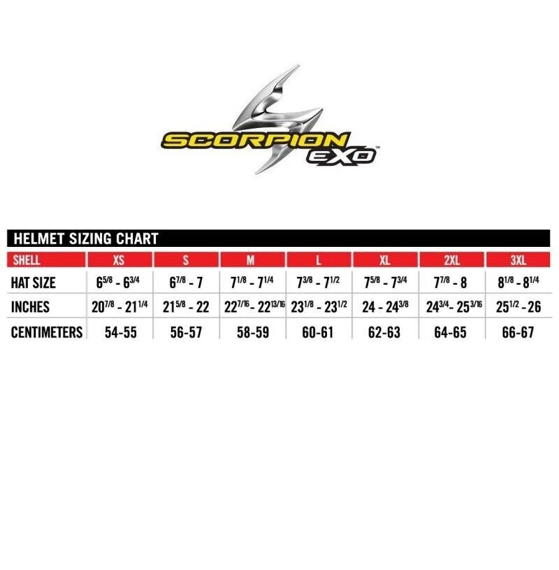 helmet size chart scorpion EXO Ryzer Full-Face Edge Hi-viz Dramatic reduction of noise levels by projecting dirty/noisy air away from the shell 2) Scorpion EXO Engage EXO-R420 -