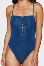  245 Lucky Brand Women's Blue Lace Up Textured Cheeky One Piece Swimsuit Size S