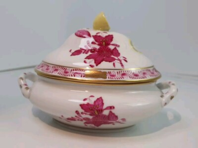 K7) Herend Mini Terrine Porzellan Ungarn Apponyi Purpur Kleine Dose 13x9x10cm