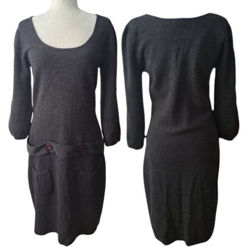 Tweeds Women Grey Knit Sweater Dress Merino Wool Blend 3/4 Sleeves Scoop Neck L