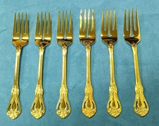 6 JC Penny JCP Salad Forks  7" Gold Electroplated Floral Stainless Flatware