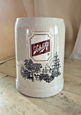 VTG Schlitz Ceramic Mug Stein. 0.5L Gray Gerz Hofbrau style. Colonial Port Scene
