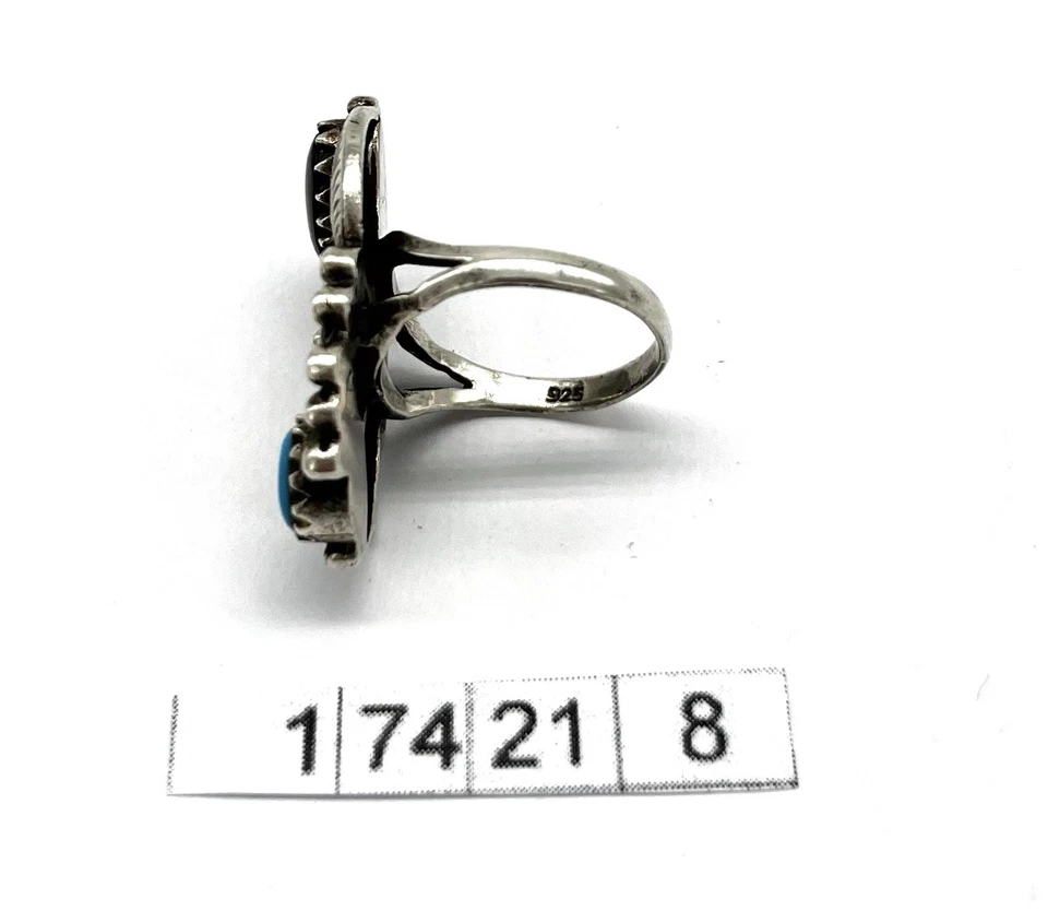 925/- Silberring, Onyx, Türkis, Cabochon, Muster, Gr. 55, 20 mm breit, Indianer - Bild 3 von 3