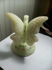 FENTON satin uranium custard glass butterfly on branch hand pnt'd  by K Sponsler