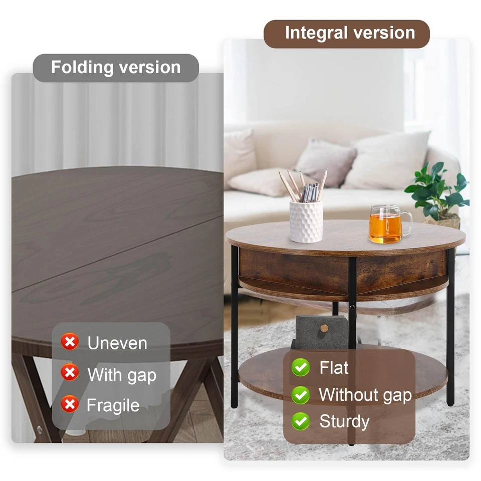 Round Lift Top Coffee Table with Storage & Hidden Compartment, 26.77" Two Tie... - Image 4 of 4