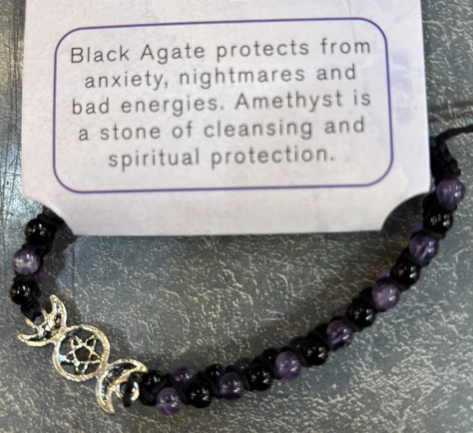 Adjustable 4 Mm Round Double Row Amethyst And Black Agate  W Triple Moon Charm - Image 3 of 4