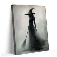 Halloween Canvas Wall Art Vintage Witch w/ Broom Witchy Canvas Painting Poster 