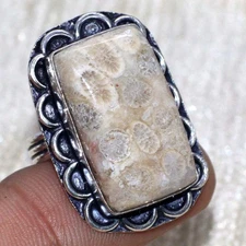 925 Silver Plated Fossil Coral Ring Handmade Gemstone Jewelry Size US 8 GW