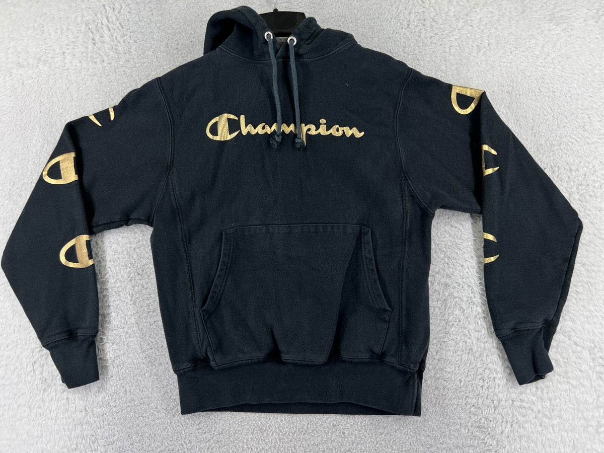 Champion Sweater Adult Small Black Gold Reverse Weave Hoodie