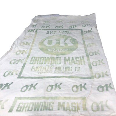 Vtg Original Feed Seed Mash Cloth Sack OK Brand Growing Mash Portales NM Tan Gr