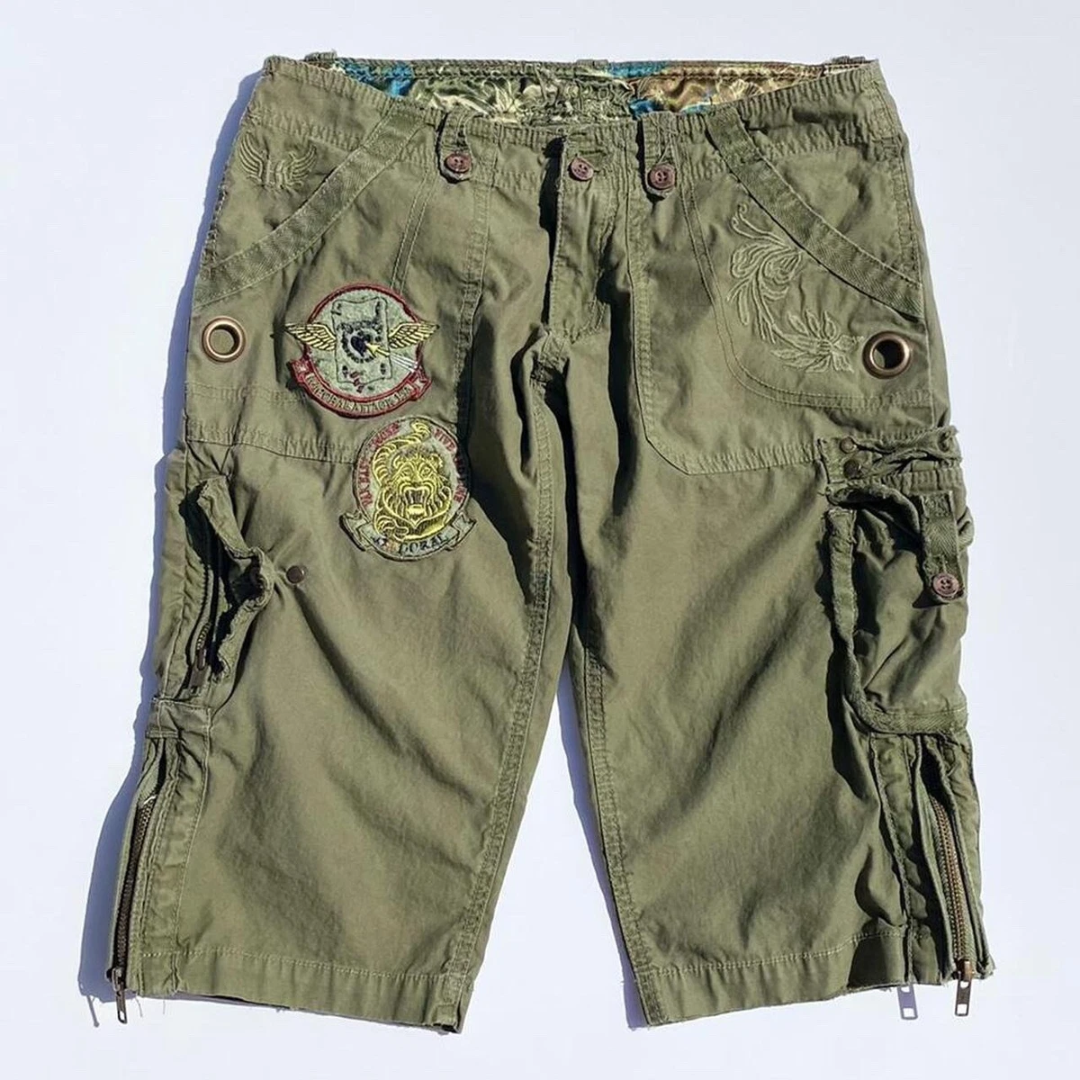 Kaporal army green utility cargo shorts with embroidered skull 100