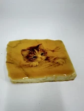 Handmade Marble Portrait Print Painted Grey Tabby Kitten Decor Plaque