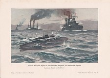 U-Boot Angriff auf Panzerschiff FARBDRUCK von 1903 St&ouml;wer Seekrieg Unterseeboot