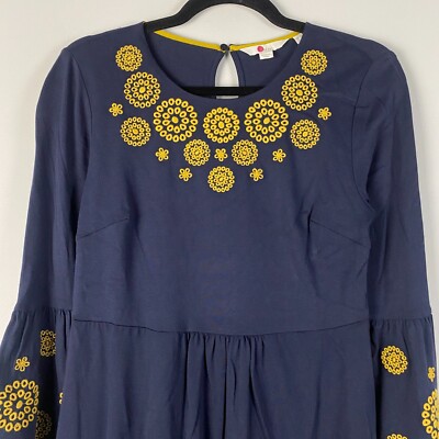 Boden Emilia Dress US Size 2 Embroidered Floral Navy Blue Yellow Bell  Sleeves | eBay
