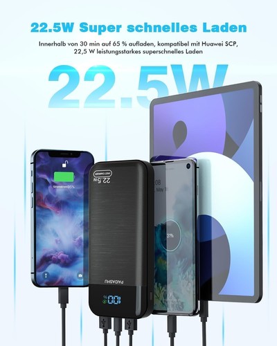 Power Bank 27.000 mAh, 22,5W Externer Handyakku Schnellladend USB-C 3 Ausgängen - Bild 3 von 6