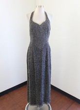 Scala Black Silver Gray Silk Beaded Sequin Halter Evening Dress Formal Party L