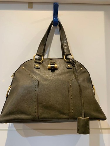 Yves Saint Laurent MUSE Tote Shoulder Bag Green Leather Logo Charm Women's