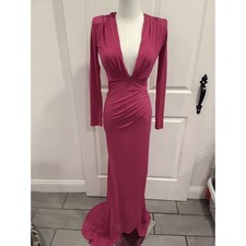 Nookie Farrah Gown Cerise Pink Deep V Neck Ruched Long Sleeve Maxi Dress S