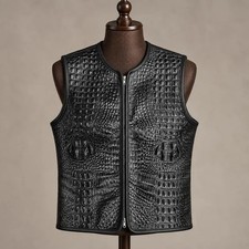 Men  s Black Crocodile Embossed Leather Biker Vest Motorcycle Gothic Waistcoat