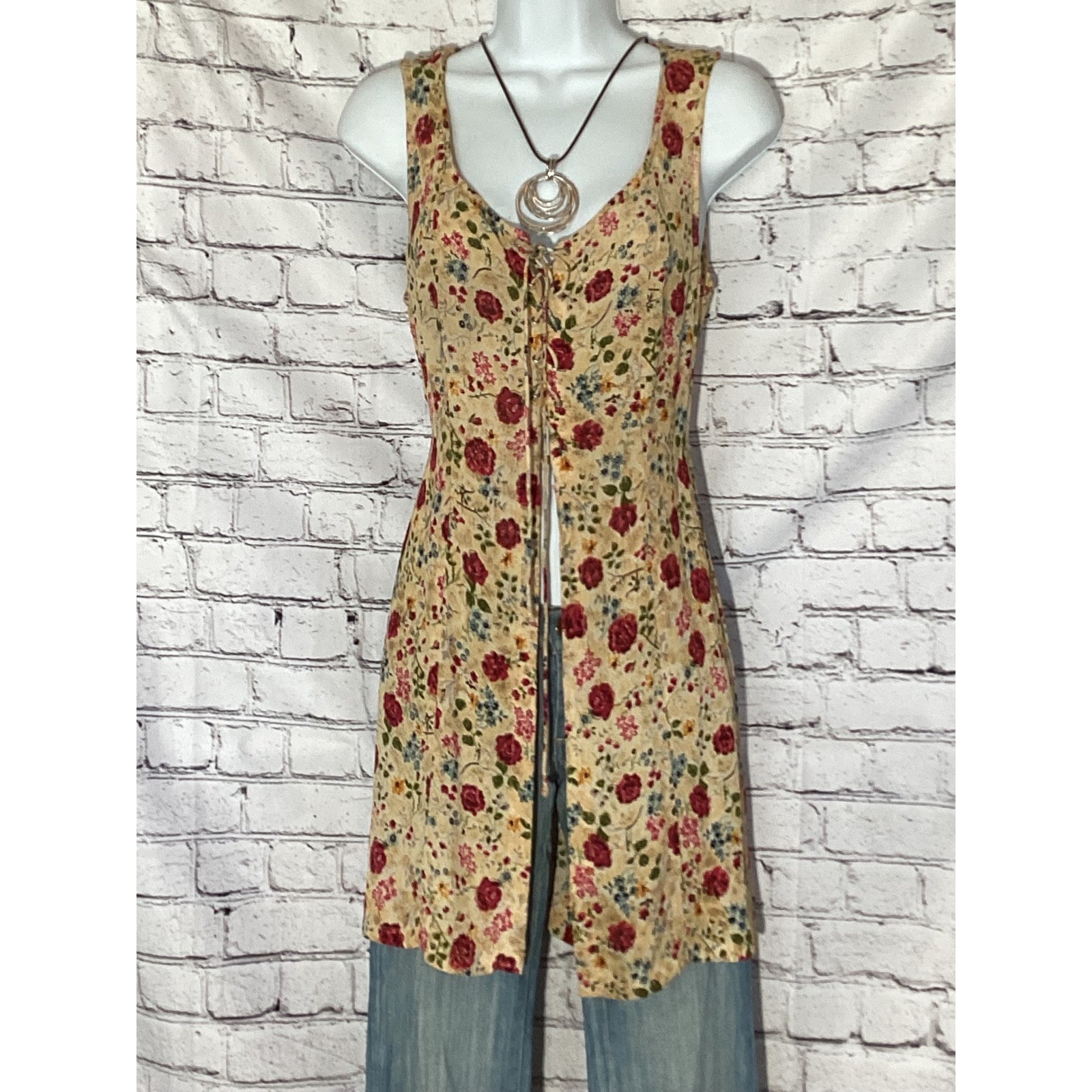 Vintage Contempo Casuals Y2K Floral Lace Up Longline Tunic Top Tan Red Medium