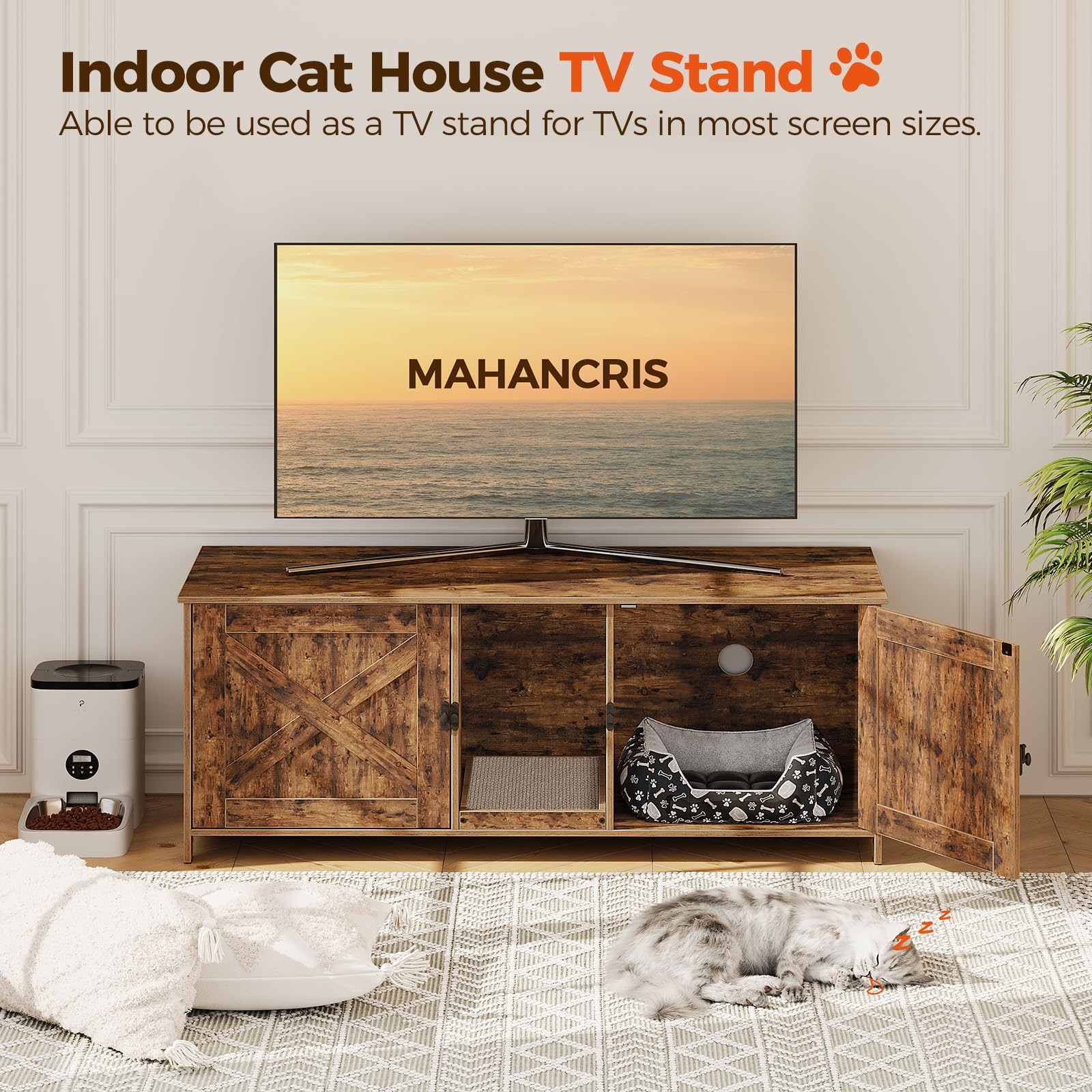 MAHANCRIS Hidden Litter Box Enclosure for 2 Cats, 47.2" Wooden Cat Washroom w/Sc