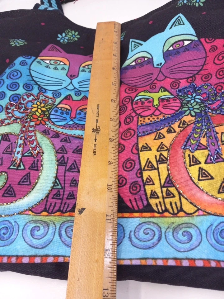 Large Cat Tote Purse Laurel Burch Shoulder Zippered Pocket Cotton 15"x19"x6" - Image 2 of 4