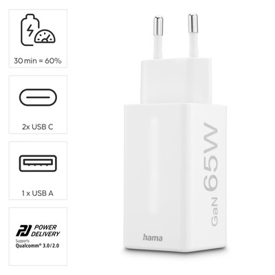 Hama Handy Ladegerät Schnellladegerät 2x USB-C 1x USB-A 65W PD Netzteil Adapter 