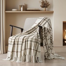EverGrace Plaid Chenille Throw Blanket for 50"x60", Beige White