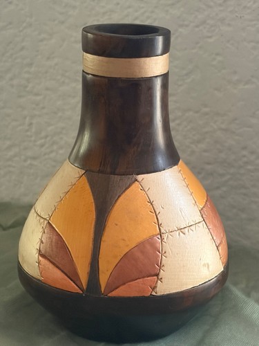 Handmade Brown Gourd Vase with leather patchwork Decorative Art Piece