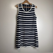 Max Studio Cotton Navy & White Braided Textured Striped Shift Dress Size L, EUC