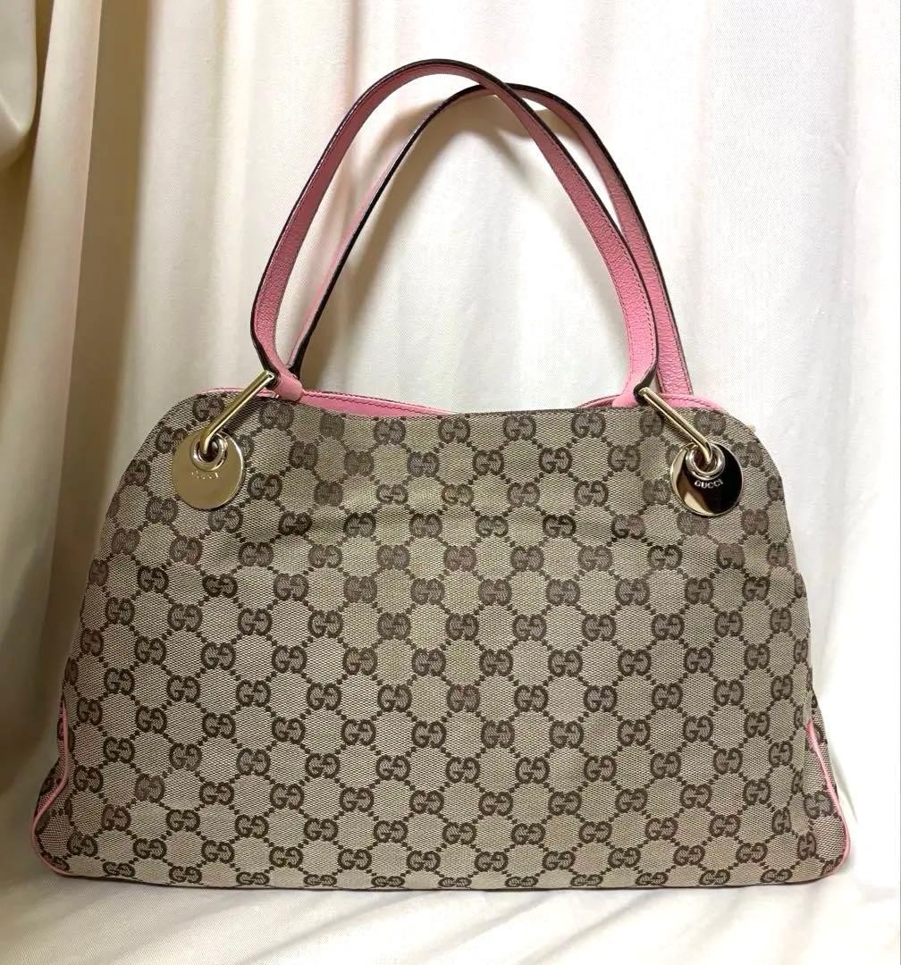 GUCCI GG Canvas Leather Tote Bag Beige Pink Gold Hardware Excellent Condition thumbnail 2