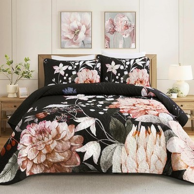 Drucon Floral Quilt King Size 3 Pieces Botanical Bedspread Soft Lightweight Flow
