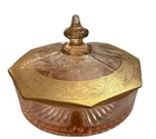 Vintage Pink Depression Glass Divided Candy Vanity Dish Octagon Gold Etched Lid
