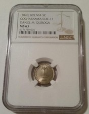 Bolivia 1876 Wage Token 5 Centavos Chochabamba COC-11 Daniel M Quiroga MS63 NGC