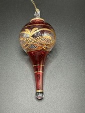 Vtg Egypt Hand Blown Art Glass Ornaments Teardrop Deep Red Gold Trim 1990’s