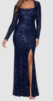 XSCAPE Women's Blue High-Slit Sequined Square-Neck Evening Gown Dress Size 14 - image 1 of 3