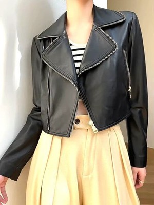 Black Leather Jacket Women Pure Lambskin Zipper Cropped Size S M L XL XXL - 029