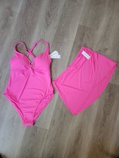 NWT Jantzen One Piece Swimsuit 14 Pink  Matching Swim Skirt SET Tummy Control