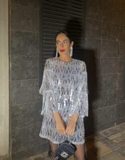 ZARA NWT WOMAN FRINGED SEQUIN MINI SHIFT DRESS SILVER | 8741/268 ALL SIZES
