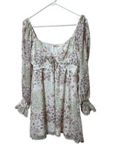 New Francesca’s Mi Ami Dress Peasant Boho SZ M Flutter Floral Lined Swiss Dot