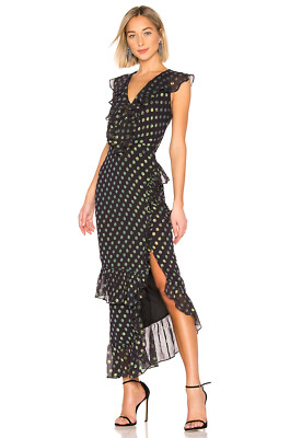 SALONI Black Green Metallic Polka Dot Ruffle Anita Midi Maxi Dress