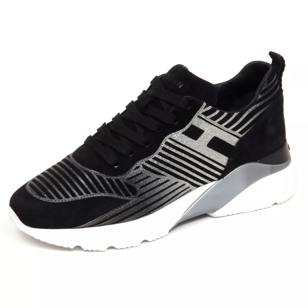 F7090 sneaker donna black silver HOGAN ACTIVE ONE H385 glitter shoe woman