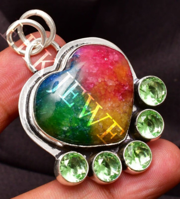 Regenbogen Solar Quarz 925 Sterlingsilber Edelstein Handarbeit Schmuck Anhänger 1,85''