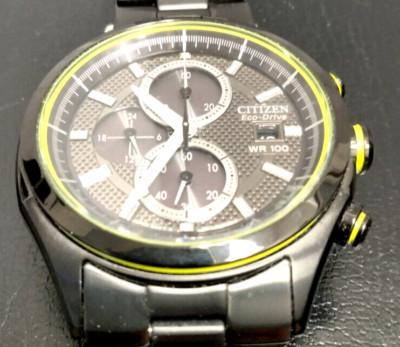 citizen eco-drive chronograph WR 100m Black/green tone B612 Japan movt watch