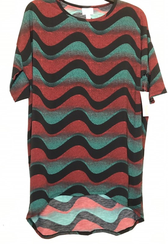 Lularoe Irma Size XS Red Green Black Geometric Short Sleeve Women’s Tunic Top